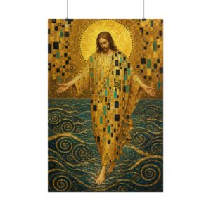 Gustav Klimt Style Jesus Poster | Mosaic Gold Leaf Christian Wall Art | Christ Walking on Water Canvas Print | Modern Religious Faith Decor
