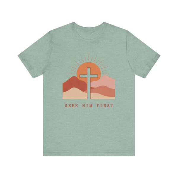 Seek Him First cross sunset Tee | Christian faith shirt