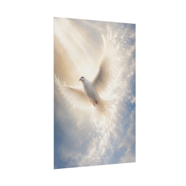 Holy Spirit Dove Wall Art, Glowing White Dove Poster Print, Radiant Religious Sky Painting, Christian Faith Decor, Confirmation Baptism Gift