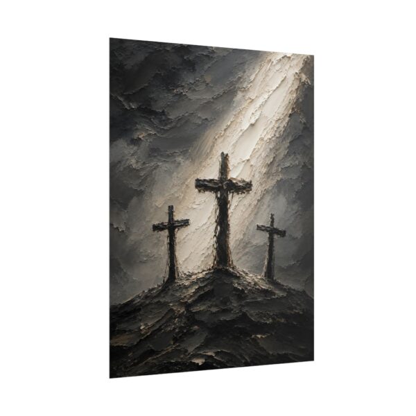 9320070786307129359_2048.jpeg Three Crosses of Calvary Poster | Modern Golgotha Good Friday Wall Art | Textured Charcoal & Gray Impasto Print | Minimalist Cross Decor