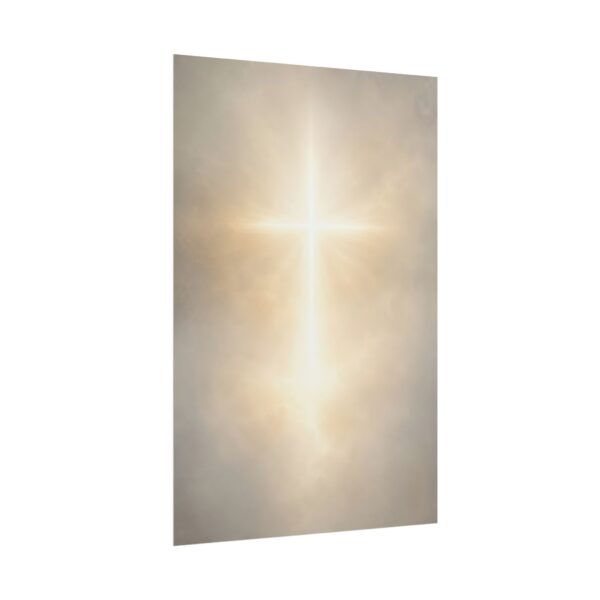 Glowing Christian Cross Wall Art Poster, Ethereal Light in Clouds Spiritual Print, Modern Religious Faith Home Decor, Divine Christian Gift