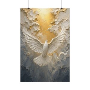 Holy Spirit Ascending Dove Poster | Modern Golden Christian Wall Art | Textured Palette Knife Painting | Pentecost Faith Home Decor