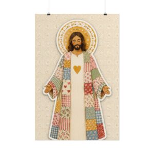 Sacred Heart Jesus Poster | Cute Open Arms Christ Wall Art | Patchwork Quilt Style Christian Print | Cottagecore Religious Nursery Decor