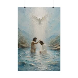 Baptism of Jesus Jordan River Poster | Modern Aqua Blue Christian Wall Art | Textured Palette Knife Plaster Print, Soothing Faith Home Decor