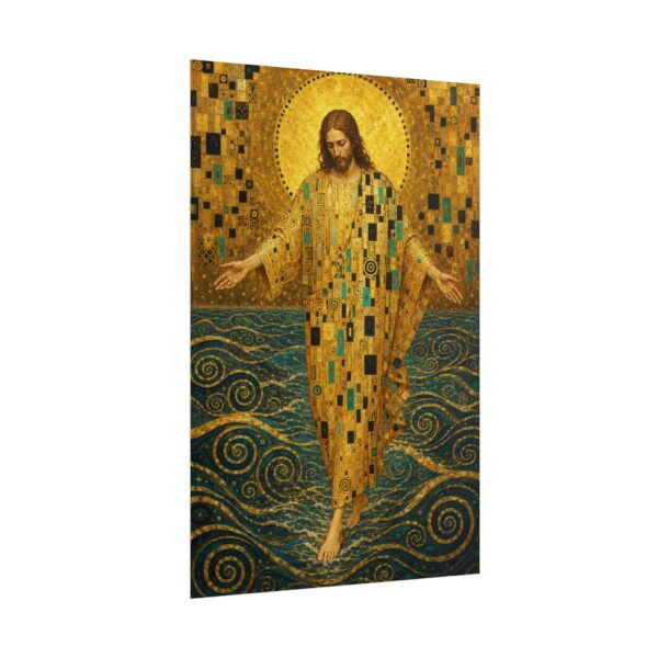 Gustav Klimt Style Jesus Poster | Mosaic Gold Leaf Christian Wall Art | Christ Walking on Water Canvas Print | Modern Religious Faith Decor